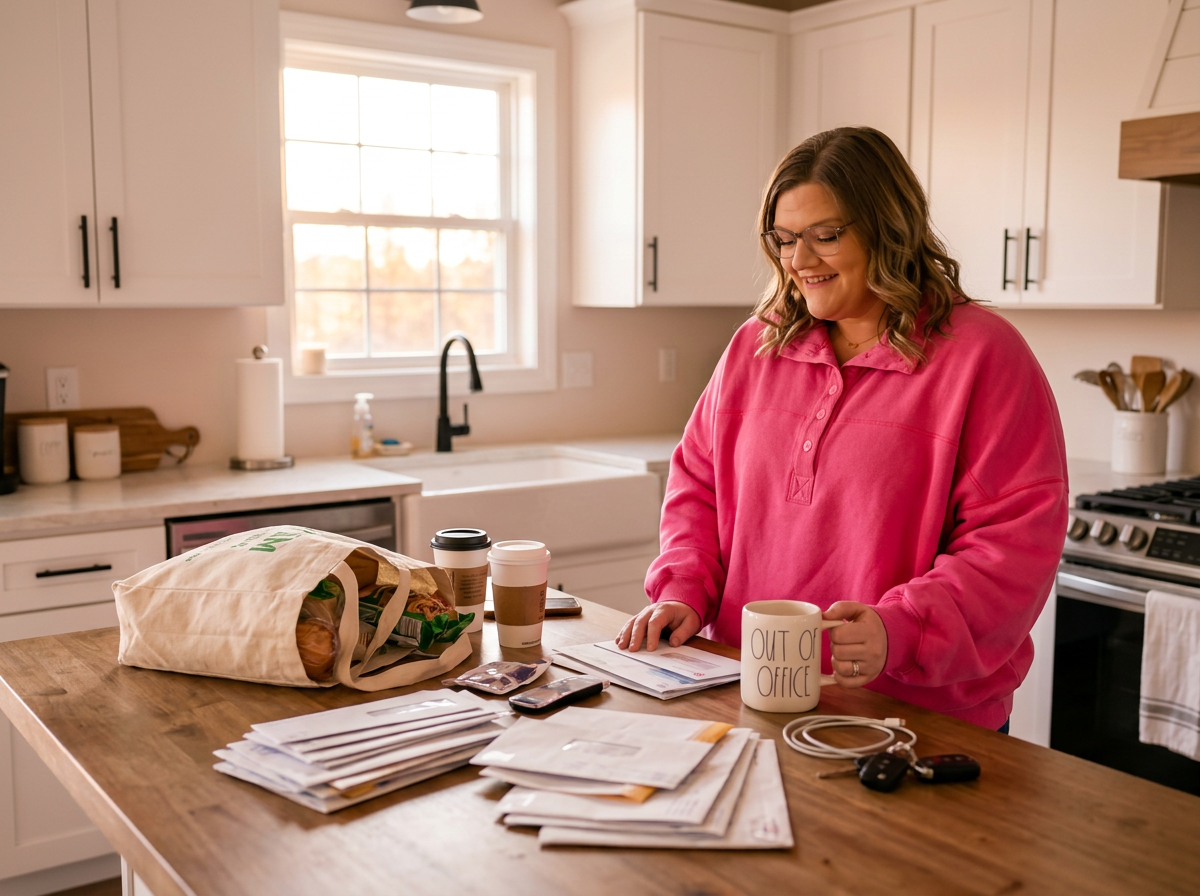 A kitchen counter with everyday stuff piled on it at the end of the day